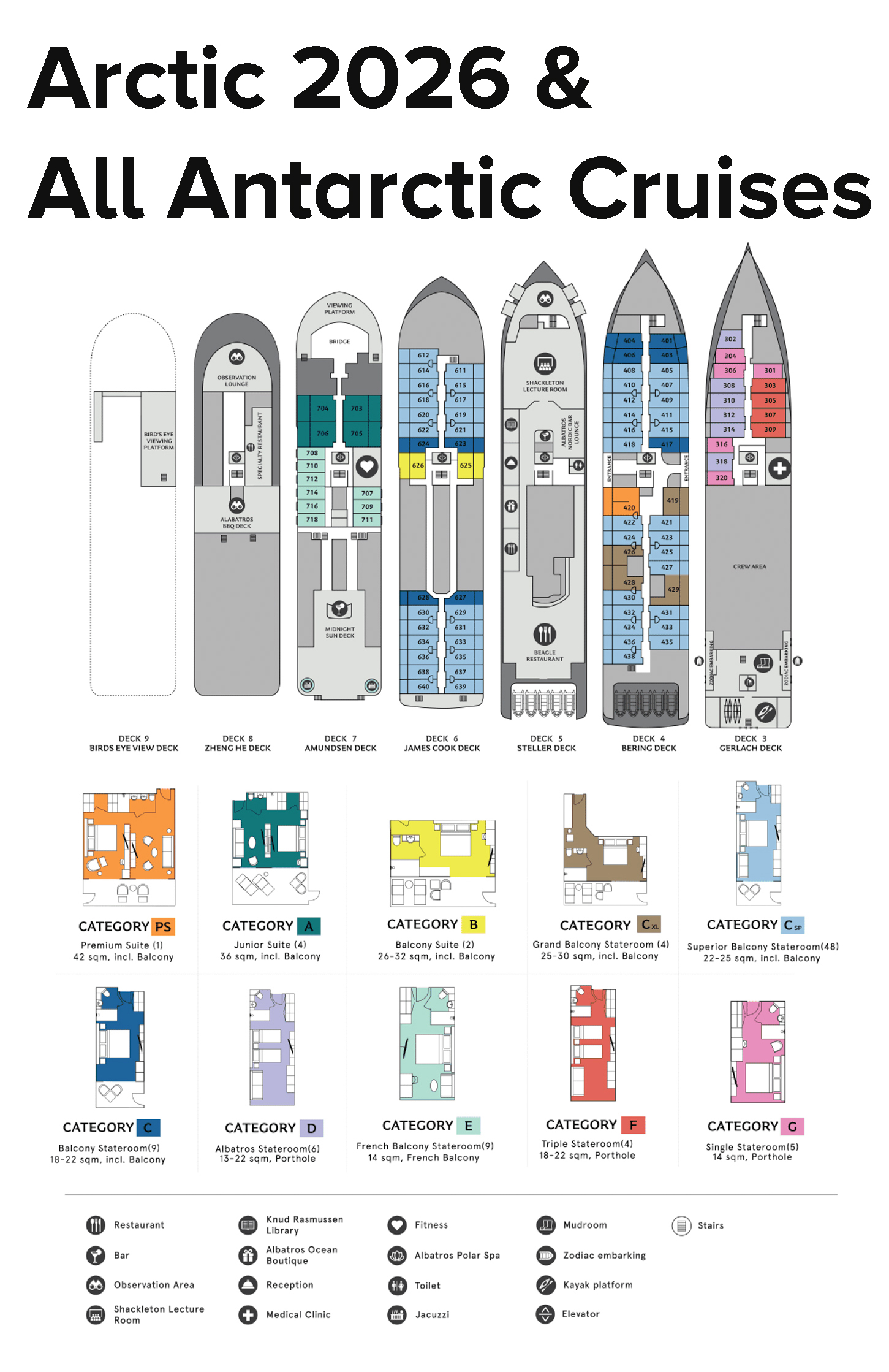 2026 Arctic & all Antarctic cruises deck plan of Ocean Victory ship with 10 colored cabin categories spread across 4 decks of a 7-deck ship.