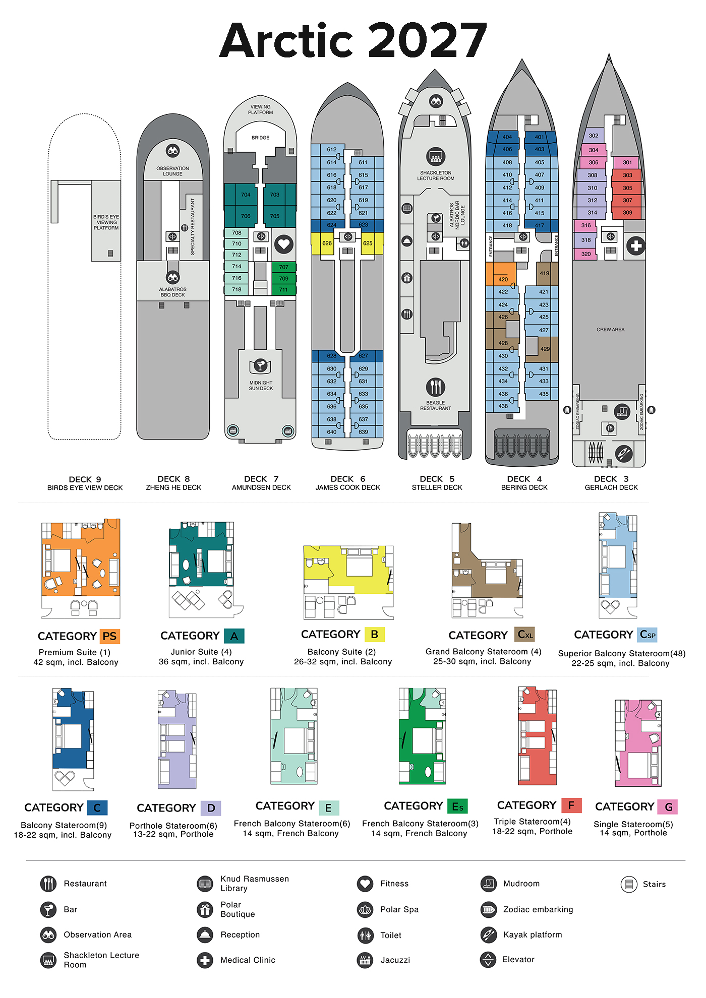 2027 Arctic cruise deck plan of Ocean Victory ship with 11 colored cabin categories spread across 4 decks of a 7-deck ship.