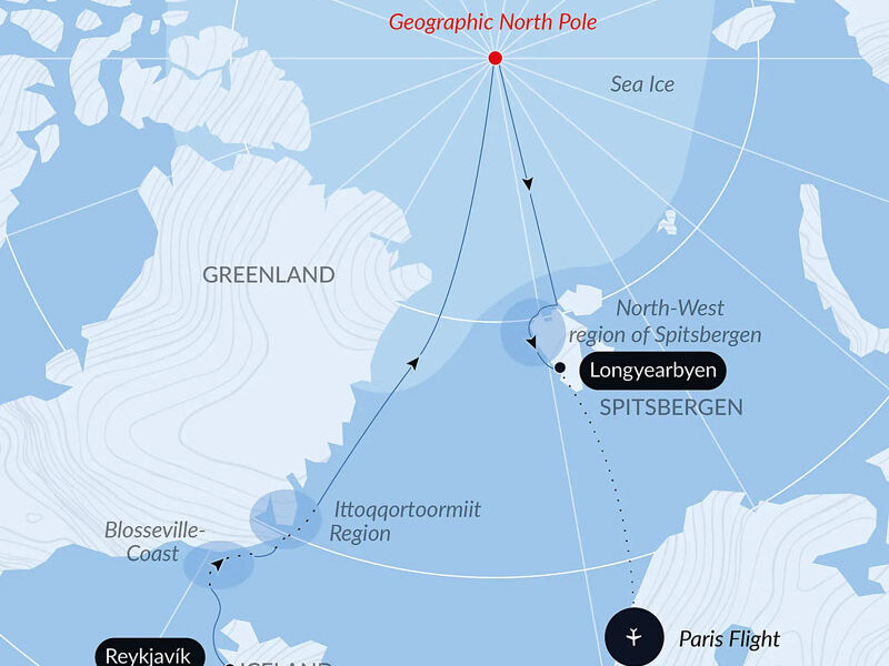 Route map of The Geographic North Pole & the East Coast of Greenland cruise on Le Commandant Charcot, starting in Reykjavik, Iceland sailing north along Greenland and to the North Pole, then south to Spitsbergen to end with a flight to Paris, France.