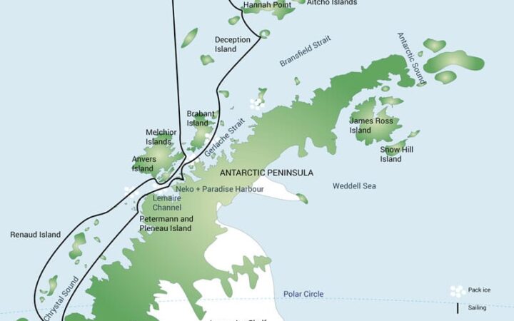 Route map of 12-day Polar Circle Cruise, operating round-trip from Ushuaia, Argentina, with visits to the South Shetland Islands & Antarctic Peninsula as far south as Detaille Island.