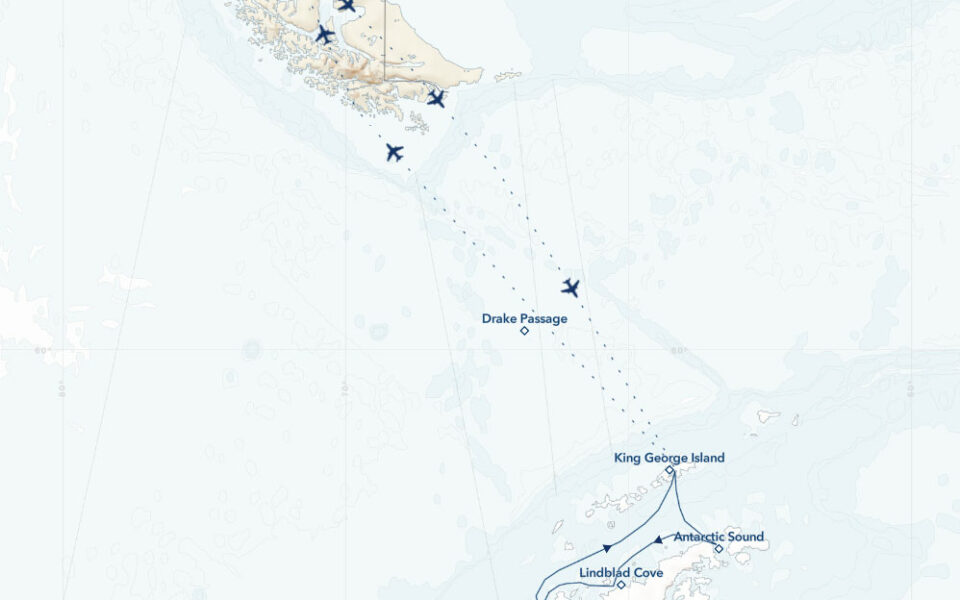 Route map of Antarctica Direct: Fly the Drake Passage cruise, operating round-trip from Puerto Natales, Chile, with charter flights to & from King George Island.