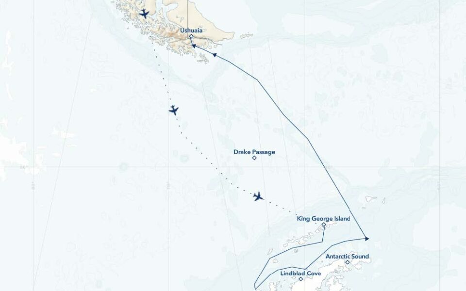 Route map of Antarctica Direct: Fly & Sail the Drake Passage cruise, starting with a charter flight from King George Island to Puerto Natales, Chile and sailing to ushauia