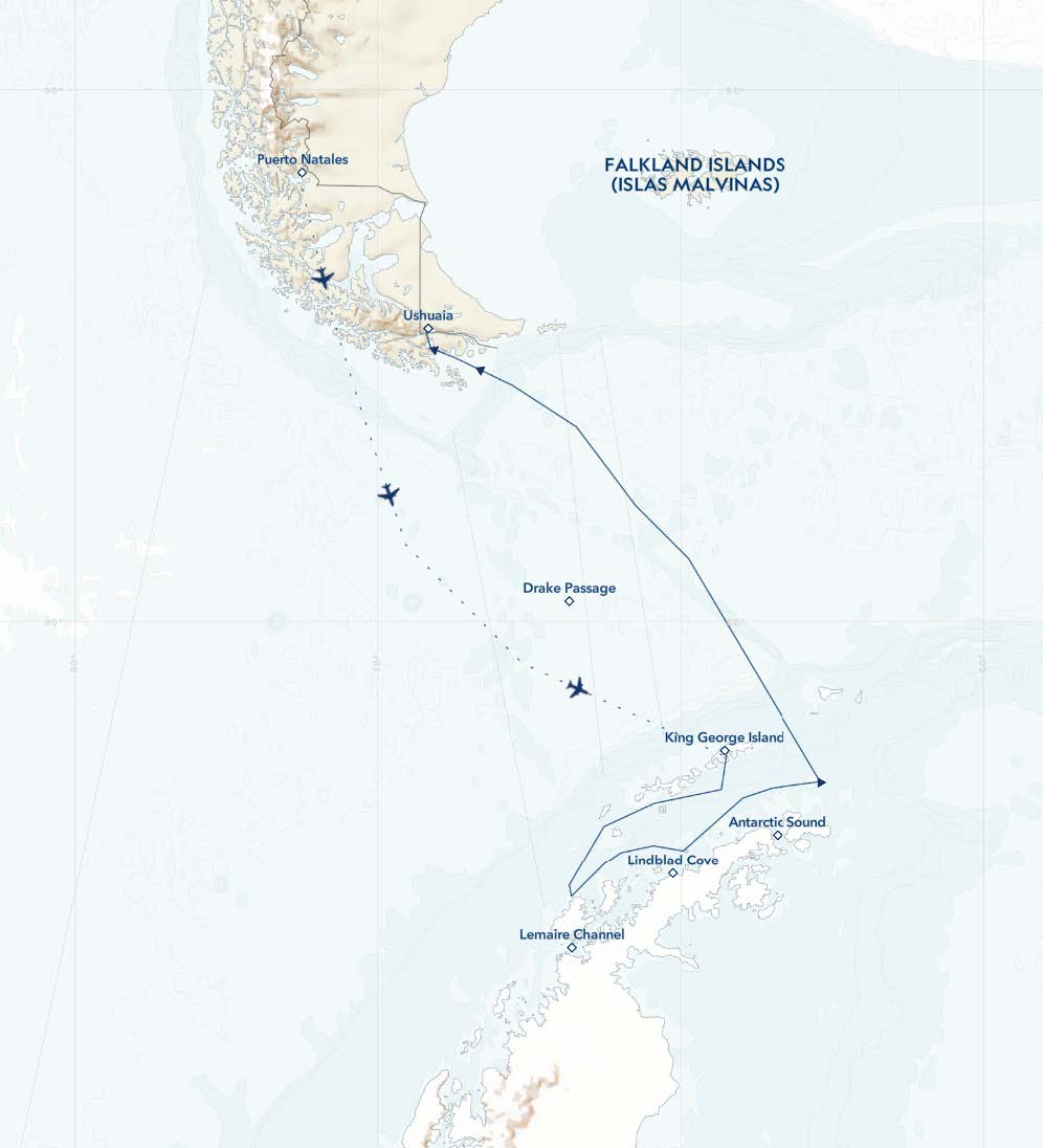 Route map of Antarctica Direct: Fly & Sail the Drake Passage cruise, starting with a charter flight from King George Island to Puerto Natales, Chile and sailing to ushauia