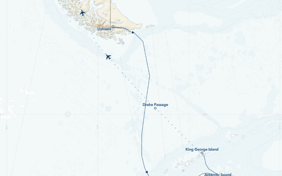Route map of Antarctica Direct: Sail & Fly the Drake Passage cruise, sailing from Ushuaia, Argentina to Antarctica & ending with a charter flight from King George Island to Puerto Natales, Chile.
