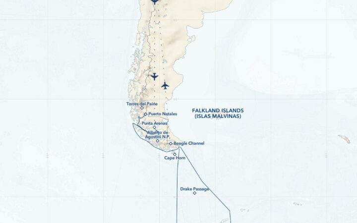 Route map of Patagonia to Antarctica cruise, operating via charter flights through Santiago, Chile and/or Buenos Aires, Argentina.