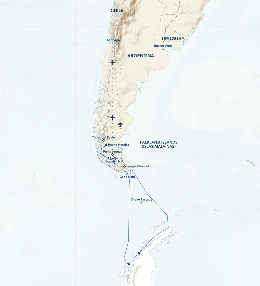 Route map of Patagonia to Antarctica cruise, operating via charter flights through Santiago, Chile and/or Buenos Aires, Argentina.