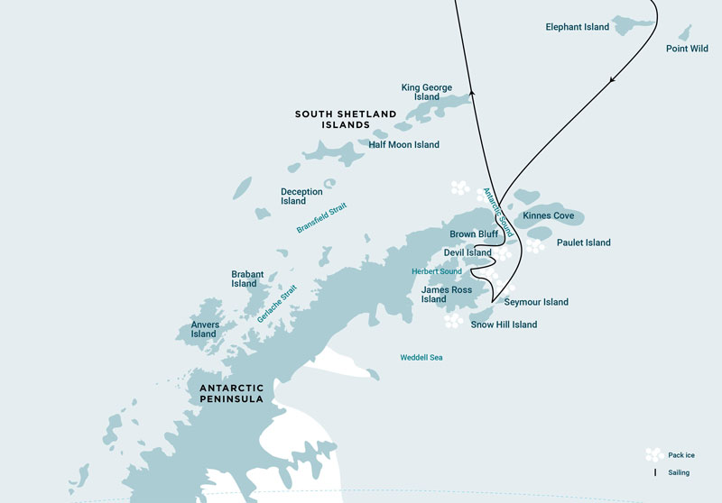 Route map of Antarctica - Weddell Sea Explorer small ship expedition cruise round-trip from Ushuaia, Argentina.
