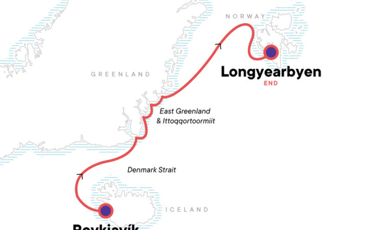 Route map of Arctic Highlights Northbound cruise from Reykjavik, Iceland to Longyearbyen, Svalbard plus visits to Greenland.