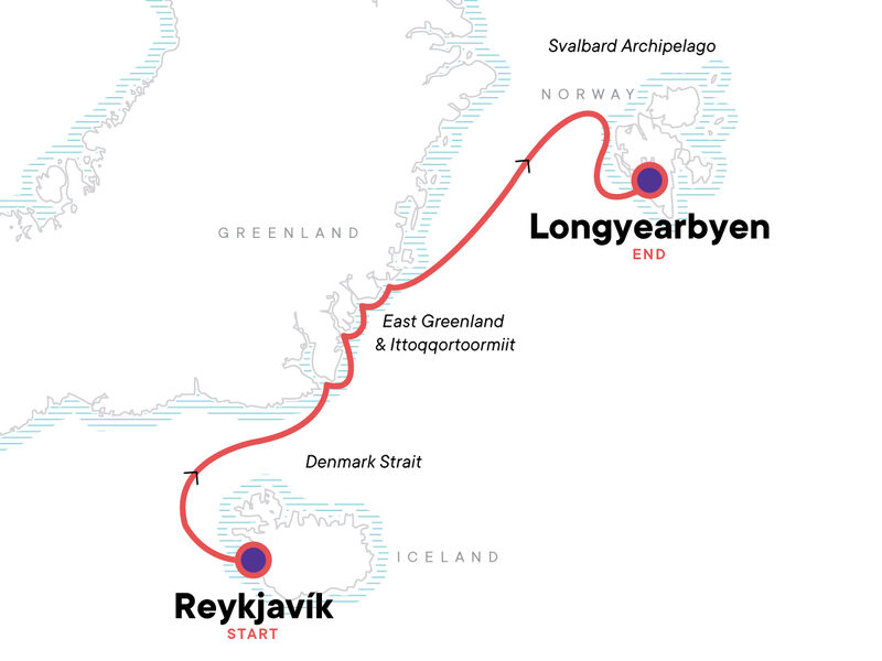 Route map of Arctic Highlights Northbound cruise from Reykjavik, Iceland to Longyearbyen, Svalbard plus visits to Greenland.