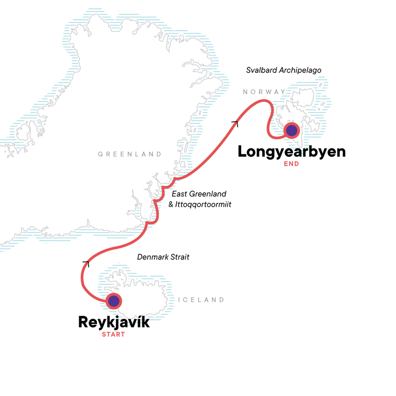 Route map of Arctic Highlights Northbound cruise from Reykjavik, Iceland to Longyearbyen, Svalbard plus visits to Greenland.