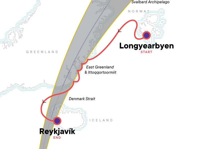 Route map of Arctic Highlights: Solar Eclipse Edition cruise from Longyearbyen, Svalbard to Reykjavik, Iceland plus visits to Greenland.