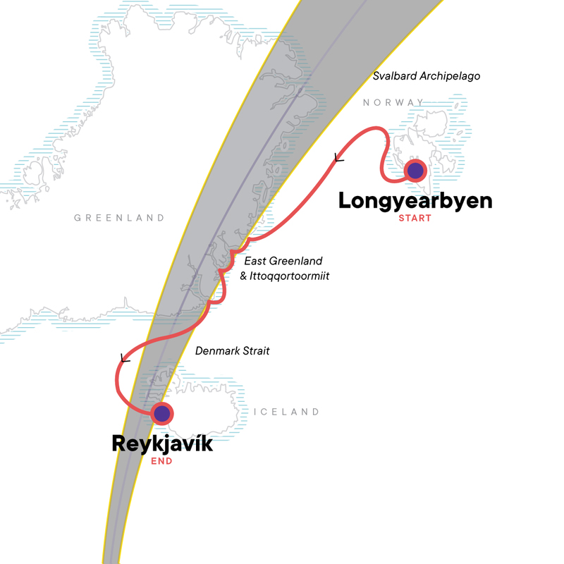 Route map of Arctic Highlights: Solar Eclipse Edition cruise from Longyearbyen, Svalbard to Reykjavik, Iceland plus visits to Greenland.