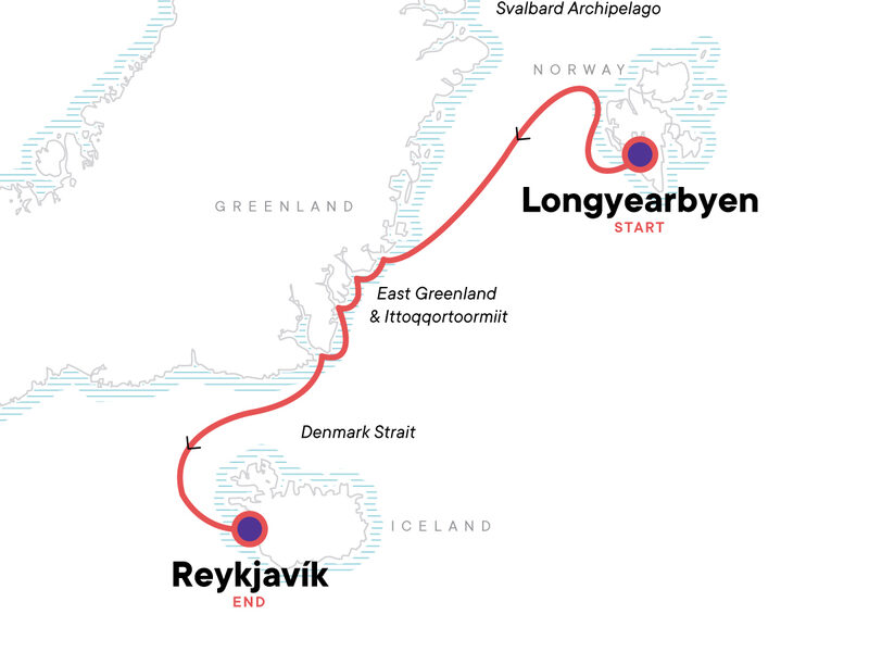 Route map of Arctic Highlights Southbound cruise from Longyearbyen, Svalbard to Reykjavik, Iceland plus visits to Greenland.