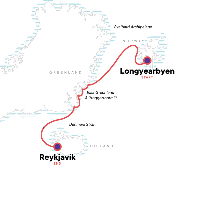 Route map of Arctic Highlights Southbound cruise from Longyearbyen, Svalbard to Reykjavik, Iceland plus visits to Greenland.
