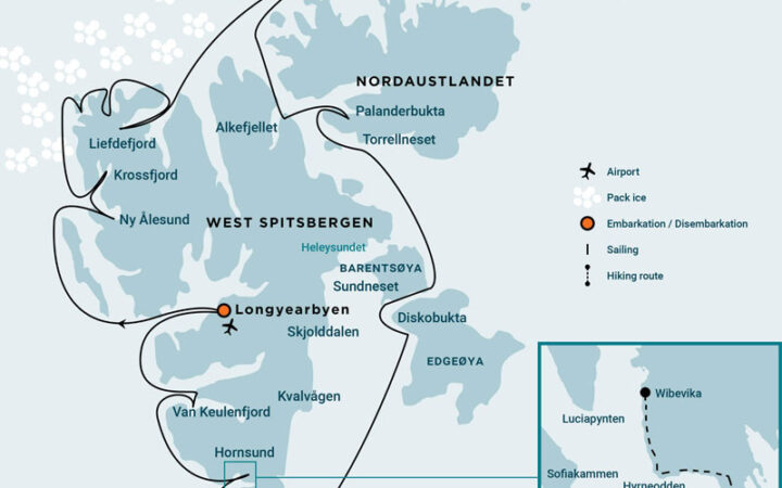 Route map of Around Spitsbergen Arctic small ship cruise, operating round-trip from Longyearbyen, Norway and circumnavigating the island of Spitsbergen, with stops at Krossfjorden, Ny Ålesund, Liefdefjorden, Monaco Glacier, Phippsøya, Nordaustlandet, Barentsoya Island, Bell Sund & Ahlstrandhalvøya.