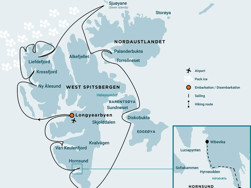 Route map of Around Spitsbergen Arctic small ship cruise, operating round-trip from Longyearbyen, Norway and circumnavigating the island of Spitsbergen, with stops at Krossfjorden, Ny Ålesund, Liefdefjorden, Monaco Glacier, Phippsøya, Nordaustlandet, Barentsoya Island, Bell Sund & Ahlstrandhalvøya.