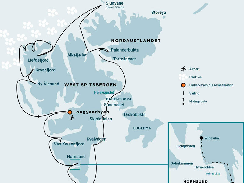 Route map of Around Spitsbergen Arctic small ship cruise, operating round-trip from Longyearbyen, Norway and circumnavigating the island of Spitsbergen, with stops at Krossfjorden, Ny Ålesund, Liefdefjorden, Monaco Glacier, Phippsøya, Nordaustlandet, Barentsoya Island, Bell Sund & Ahlstrandhalvøya.
