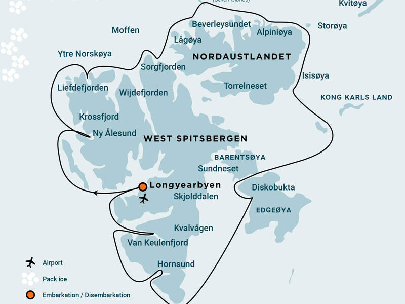 Route map of Around Spitsbergen incl Nordaustlandet voyage, operating round-trip from Longyearbyen, Norway and circumnavigating the island with aim to visit its northeastern sub island.