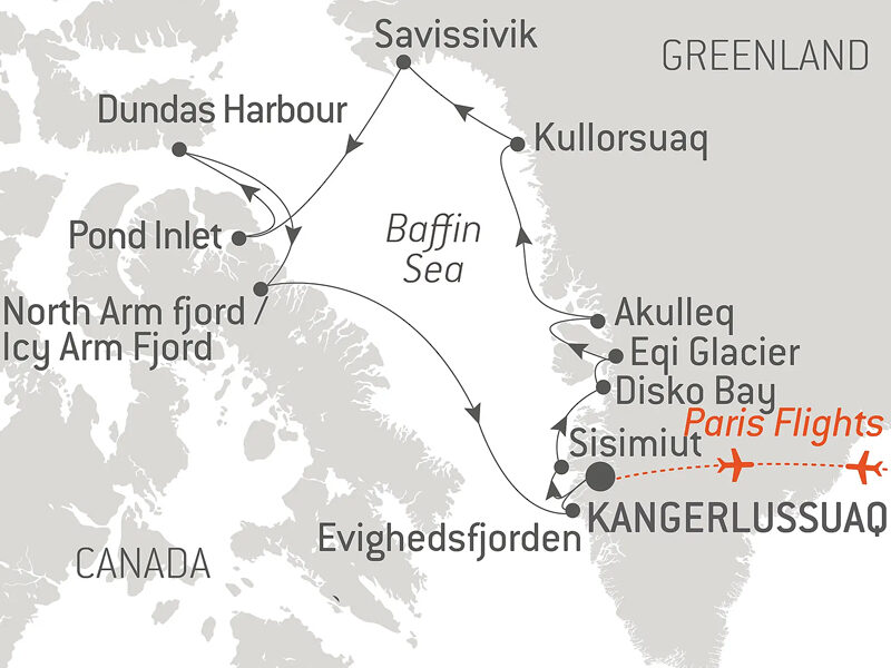 Route map of Baffin Bay Secrets cruise, operating round-trip from Kangerlussuaq, Greenland, with bookend flights connecting Paris, France.