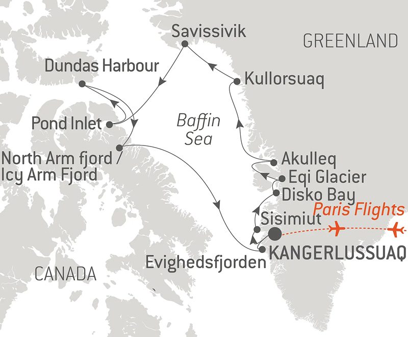 Route map of Baffin Bay Secrets cruise, operating round-trip from Kangerlussuaq, Greenland, with bookend flights connecting Paris, France.