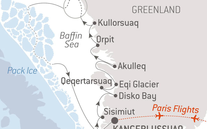 Route map of Baffin Bay Secrets cruise, operating round-trip from Kangerlussuaq, Greenland, with bookend flights connecting Paris, France.