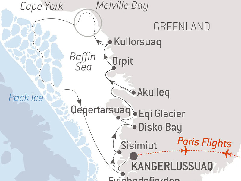 Route map of Baffin Bay Secrets cruise, operating round-trip from Kangerlussuaq, Greenland, with bookend flights connecting Paris, France.