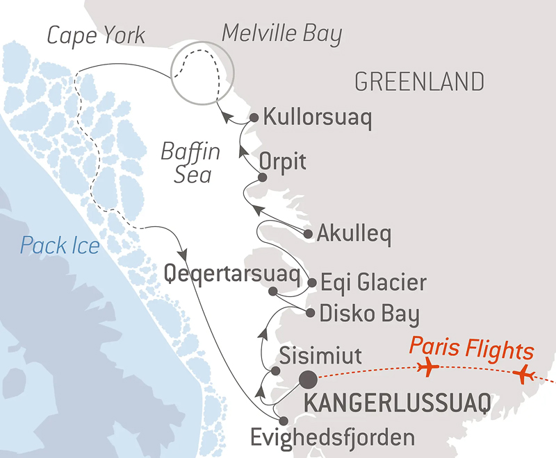 Route map of Baffin Bay Secrets cruise, operating round-trip from Kangerlussuaq, Greenland, with bookend flights connecting Paris, France.