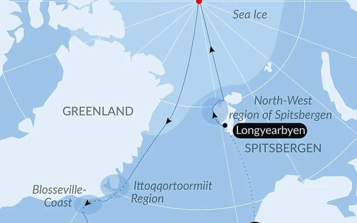 Route map of The Geographic North Pole & the East Coast of Greenland cruise on Le Commandant Charcot, starting with a flight from Paris, France to embark Longyearbyen, Svalbard, sailing to the North Pole, then south along Greenland to disembark Reykjavik, Iceland.