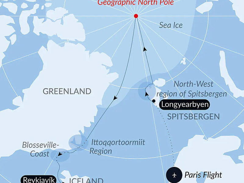 Route map of The Geographic North Pole & the East Coast of Greenland cruise on Le Commandant Charcot, starting with a flight from Paris, France to embark Longyearbyen, Svalbard, sailing to the North Pole, then south along Greenland to disembark Reykjavik, Iceland.