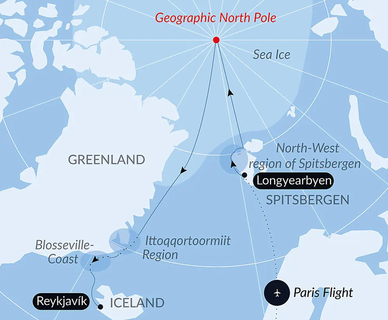 Route map of The Geographic North Pole & the East Coast of Greenland cruise on Le Commandant Charcot, starting with a flight from Paris, France to embark Longyearbyen, Svalbard, sailing to the North Pole, then south along Greenland to disembark Reykjavik, Iceland.