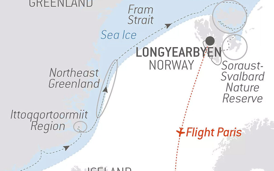 Route map of In The Ice of The Arctic, From Greenland to Svalbard voyage from Reykjavik, Iceland to Longyearbyen, Spitsbergen with a charter flight to end in Paris, France.