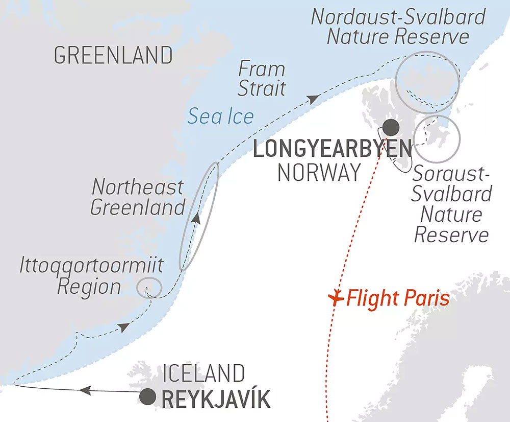 Route map of In The Ice of The Arctic, From Greenland to Svalbard voyage from Reykjavik, Iceland to Longyearbyen, Spitsbergen with a charter flight to end in Paris, France.
