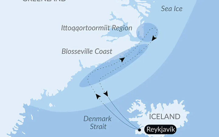 Route map of 11-day Le Commandant Charcot's Northeast Greenland's Unexplored Sea Ice cruise, operating round-trip from Reykjavik, Iceland.