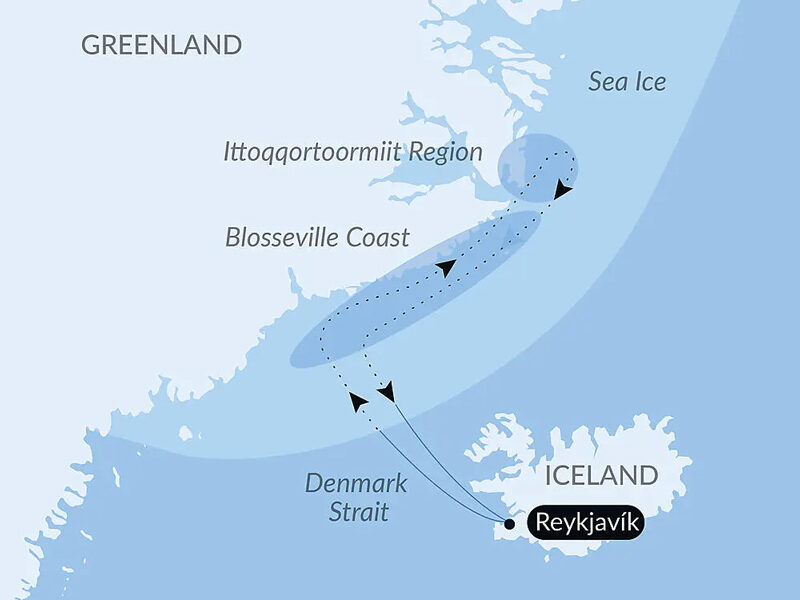 Route map of 11-day Le Commandant Charcot's Northeast Greenland's Unexplored Sea Ice cruise, operating round-trip from Reykjavik, Iceland.