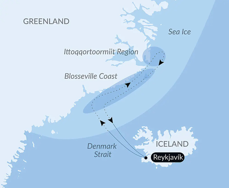 Route map of 11-day Le Commandant Charcot's Northeast Greenland's Unexplored Sea Ice cruise, operating round-trip from Reykjavik, Iceland.