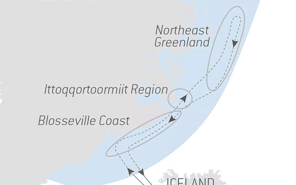 Route map of 15-day Le Commandant Charcot's Northeast Greenland's Unexplored Sea Ice cruise, operating round-trip from Reykjavik, Iceland.
