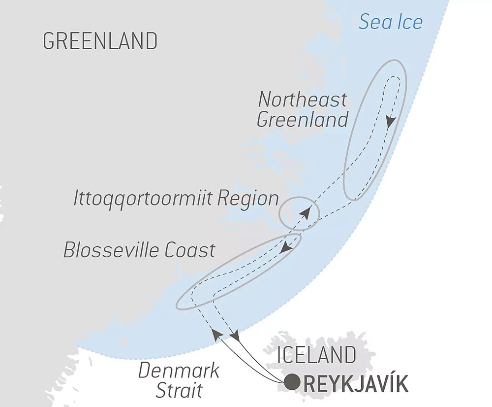 Route map of 15-day Le Commandant Charcot's Northeast Greenland's Unexplored Sea Ice cruise, operating round-trip from Reykjavik, Iceland.