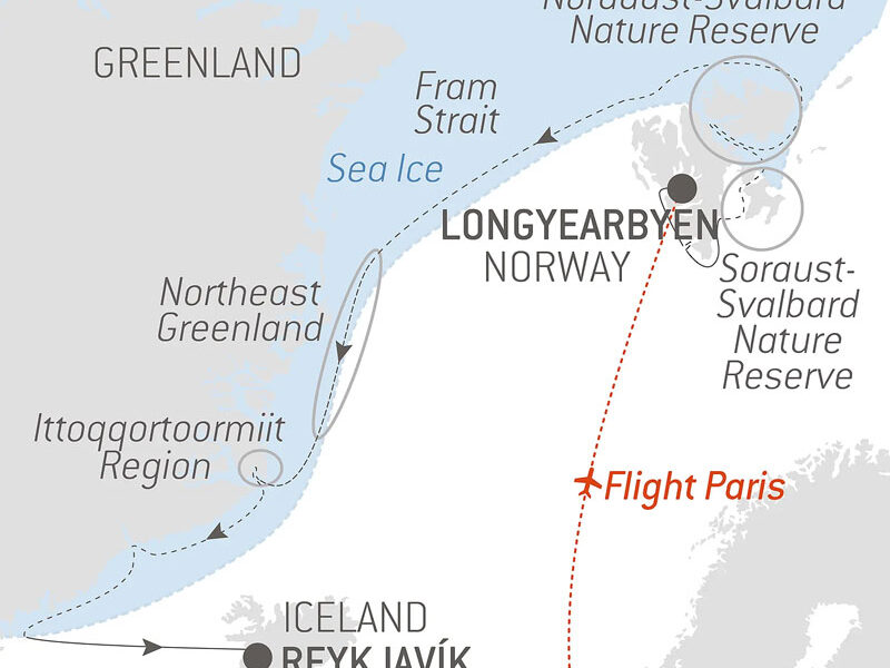 Route map of In The Ice of The Arctic, From Svalbard to Greenland voyage from Longyearbyen, Svalbard to Reykjavik, Iceland with a charter flight from Paris, France to start.