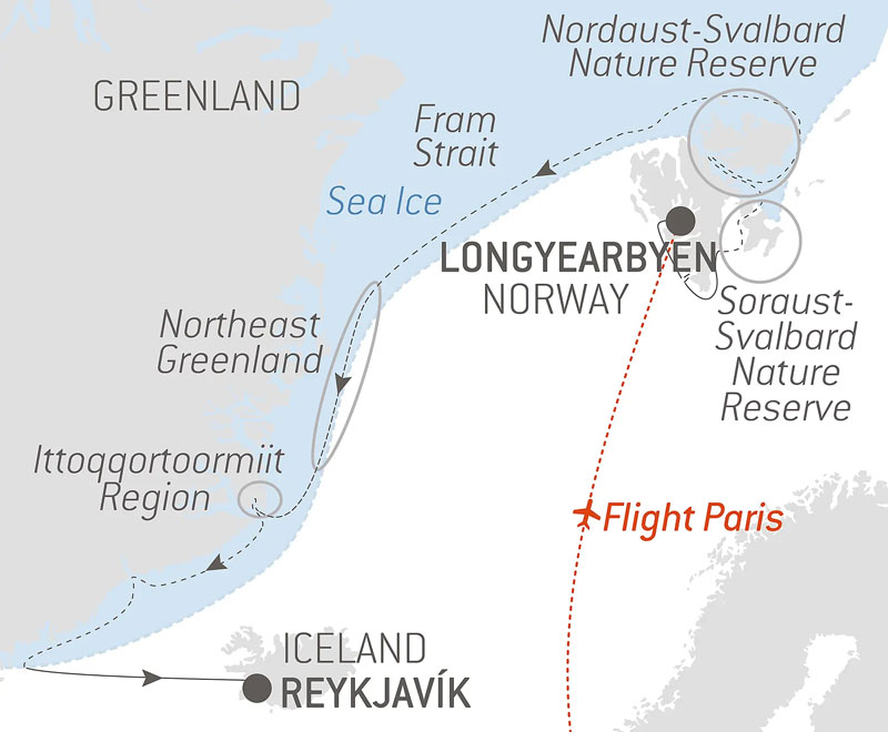 Route map of In The Ice of The Arctic, From Svalbard to Greenland voyage from Longyearbyen, Svalbard to Reykjavik, Iceland with a charter flight from Paris, France to start.