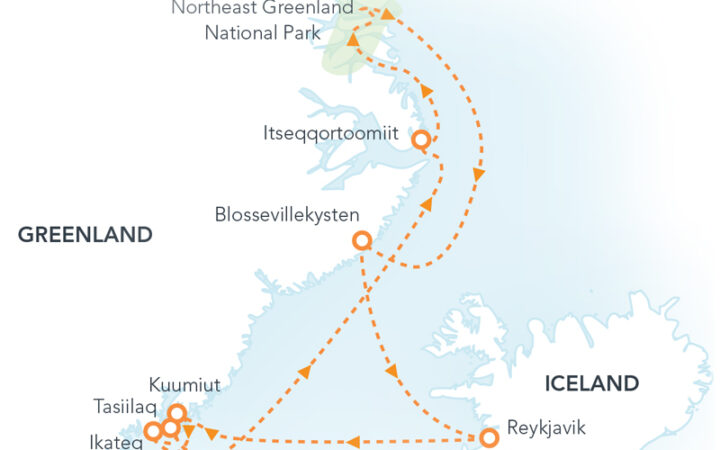 Route map of Complete East Greenland cruise round-trip from Reykjavik, Iceland, including a visit to Northeast Greenland National Park.