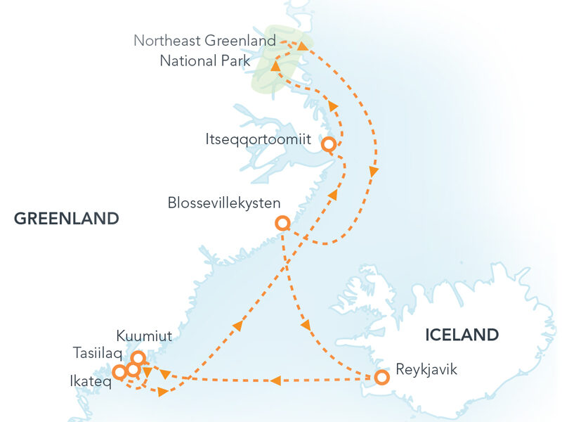 Route map of Complete East Greenland cruise round-trip from Reykjavik, Iceland, including a visit to Northeast Greenland National Park.