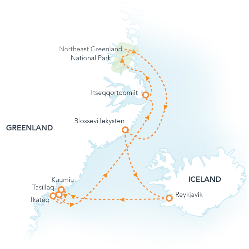 Route map of Complete East Greenland cruise round-trip from Reykjavik, Iceland, including a visit to Northeast Greenland National Park.