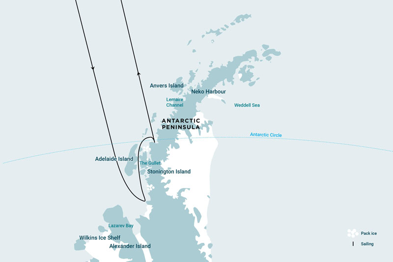 Route map of Deep South Basecamp cruise, round-trip from Ushuaia, Argentina with visits south of the Antarctic Circle.