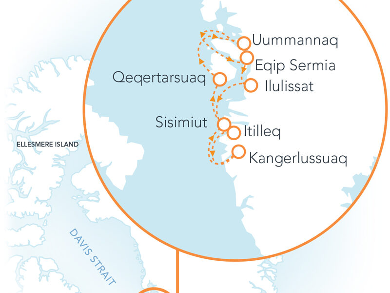 Route map of Greenland: Disko Bay & Beyond cruise round-trip from Kangerlussuaq with visits along the west coast.