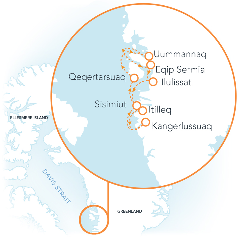 Route map of Greenland: Disko Bay & Beyond cruise round-trip from Kangerlussuaq with visits along the west coast.