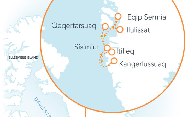 Route map of Greenland: Disko Bay & Ilulissat cruise round-trip from Kangerlussuaq with visits along the west coast.