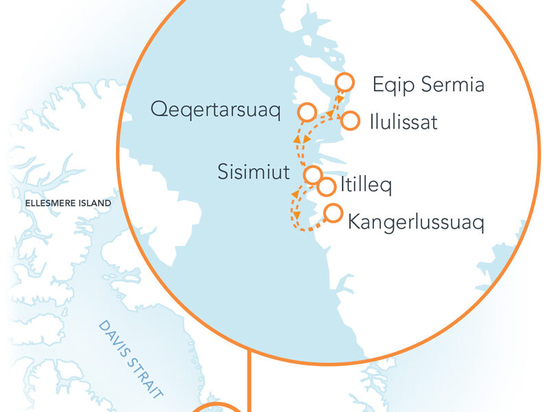 Route map of Greenland: Disko Bay & Ilulissat cruise round-trip from Kangerlussuaq with visits along the west coast.