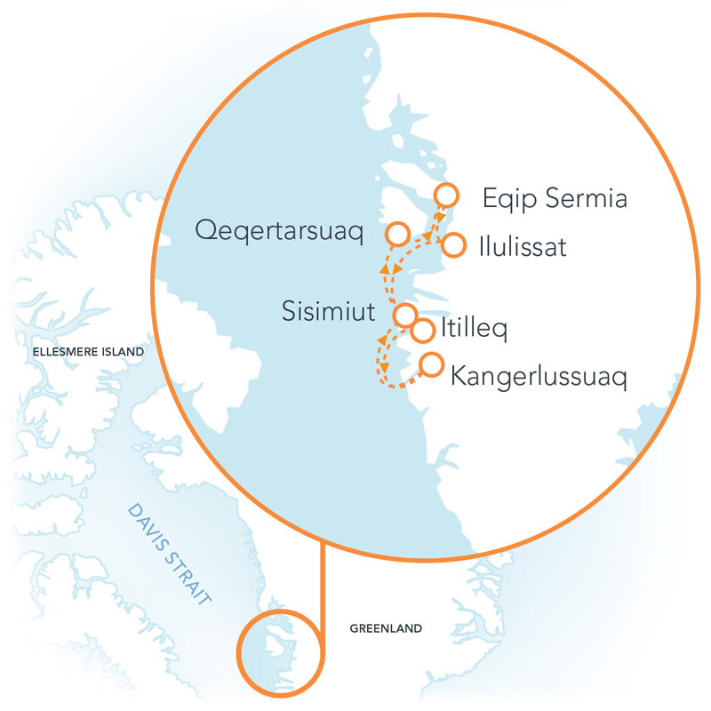Route map of Greenland: Disko Bay & Ilulissat cruise round-trip from Kangerlussuaq with visits along the west coast.