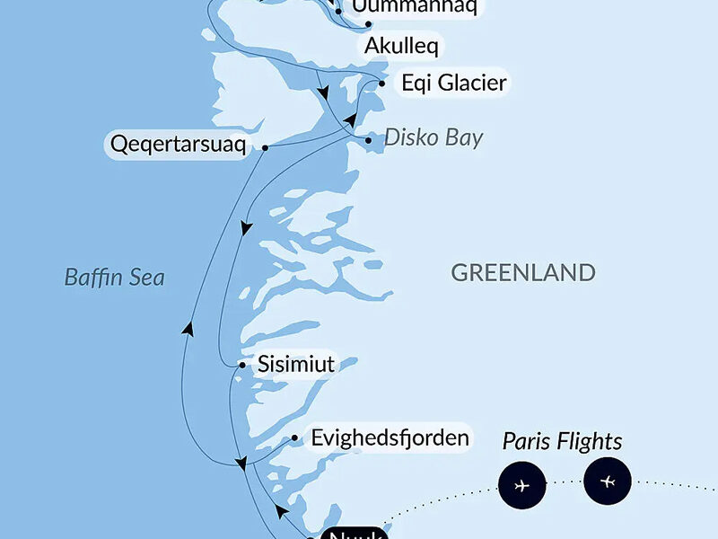 Route map of Disko Bay & Inuit Villages cruise round-trip from Nuuk with visits to Evighedsfjorden, Sisimiut, Eqi Glacier, Uummannaq, Disko Bay & Qeqertarsuaq, Greenland.