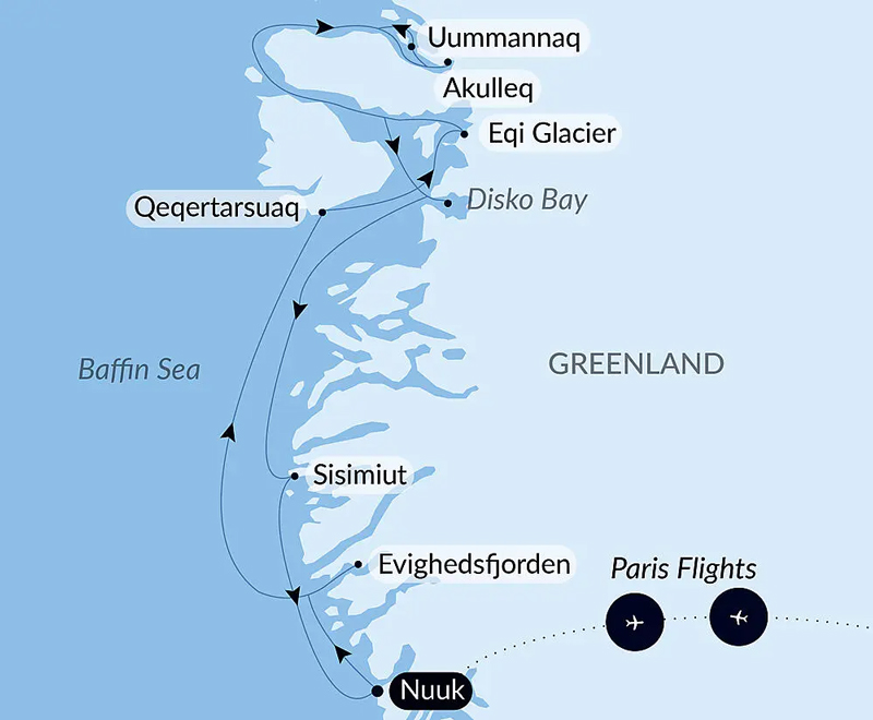 Route map of Disko Bay & Inuit Villages cruise round-trip from Nuuk with visits to Evighedsfjorden, Sisimiut, Eqi Glacier, Uummannaq, Disko Bay & Qeqertarsuaq, Greenland.